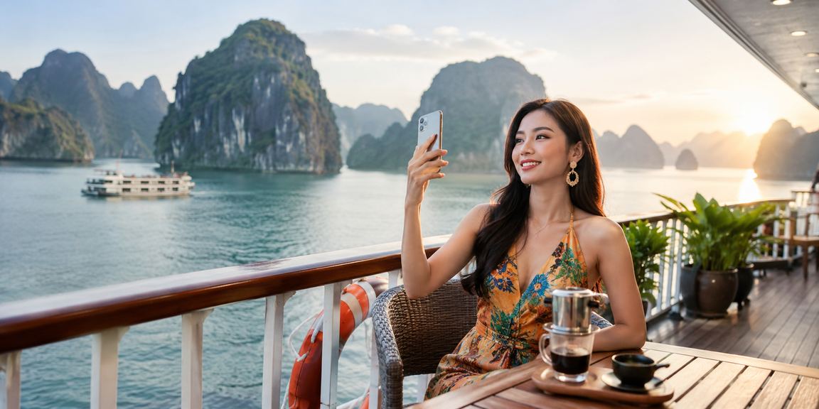 Người dùng thưởng thức cà phê và tham gia casino mobile trên du thuyền vịnh Hạ Long